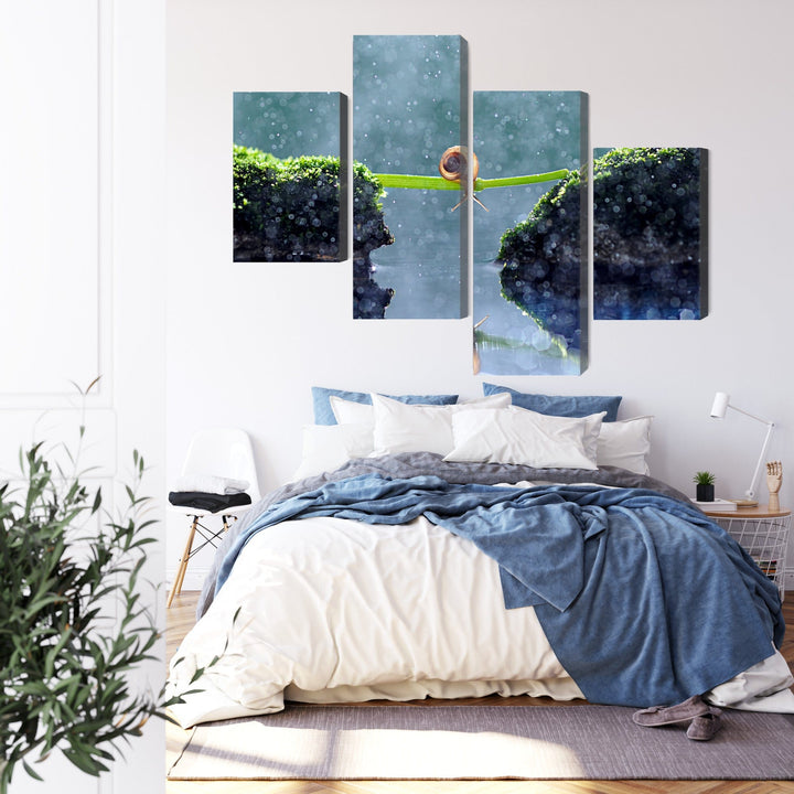 4 daļu kanva: Gliemezis lietū, zaļos toņos X-ART