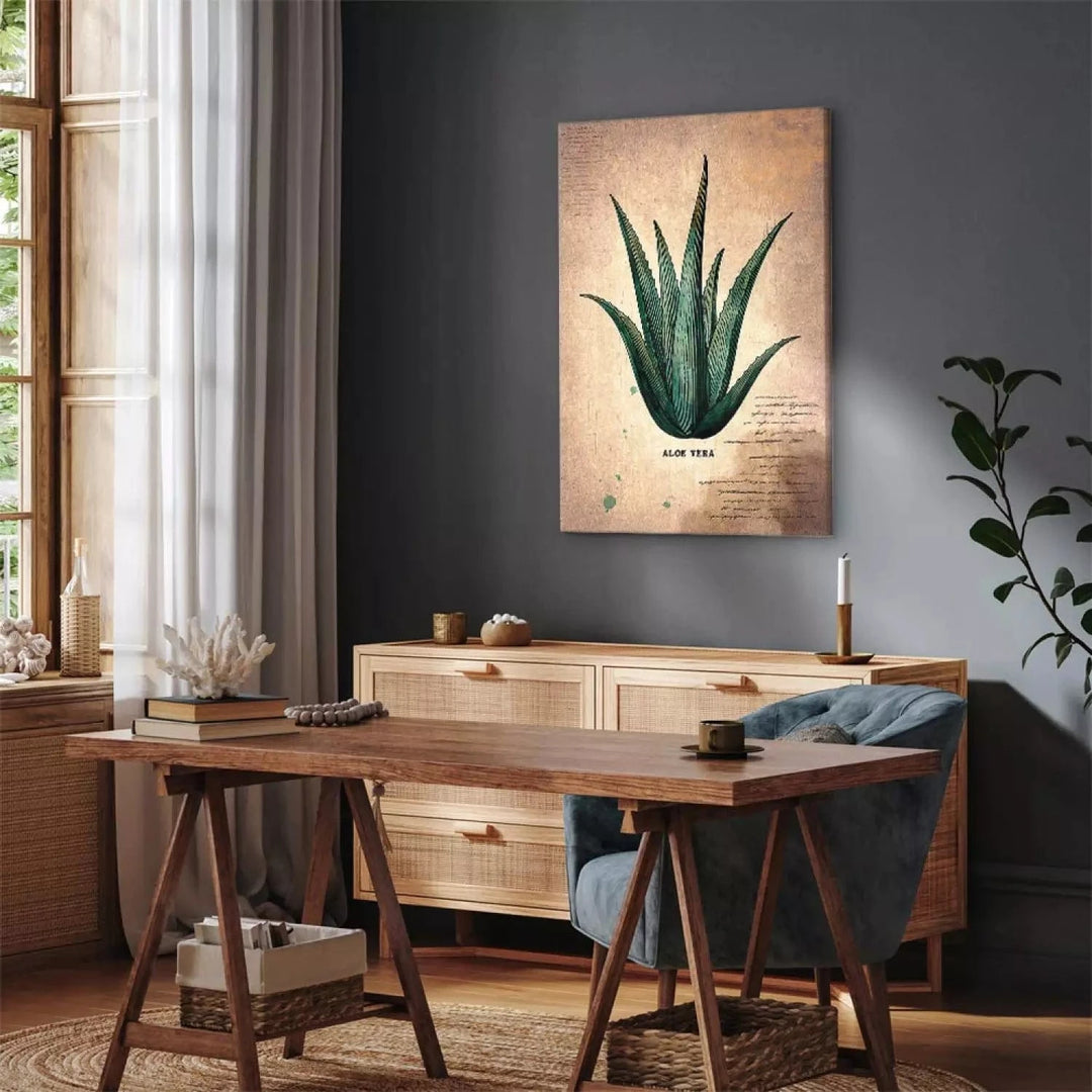 Vertikāla herbārija lapa – alvejas lapa vintage stilā G-ART