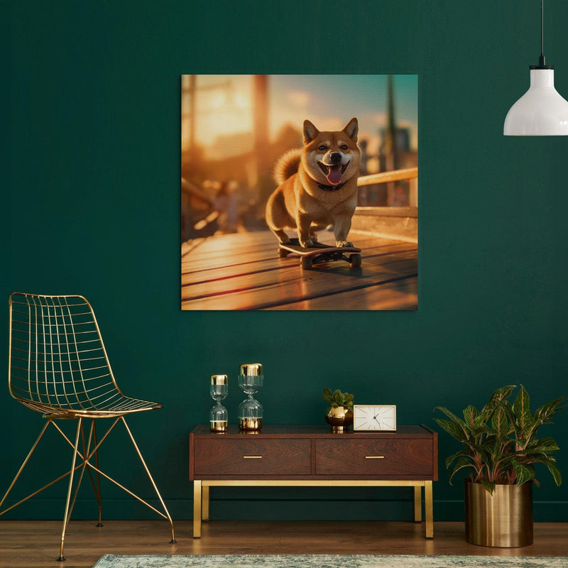 Glezna - Japānas medību suns uz skeitborda saulrietā, 150097 Tapetenshop.lv