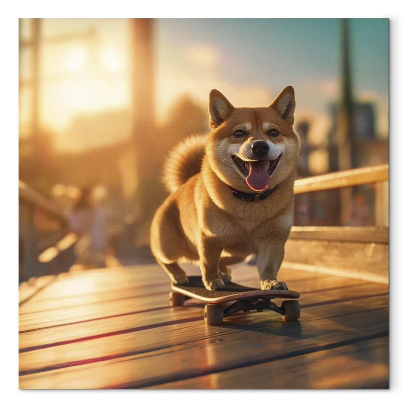 Glezna - Japānas medību suns uz skeitborda saulrietā, 150097 Tapetenshop.lv