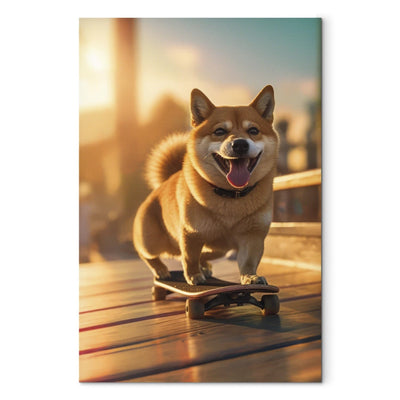 Glezna - Japānas medību suns uz skeitborda saulrietā, 150140 Tapetenshop.lv
