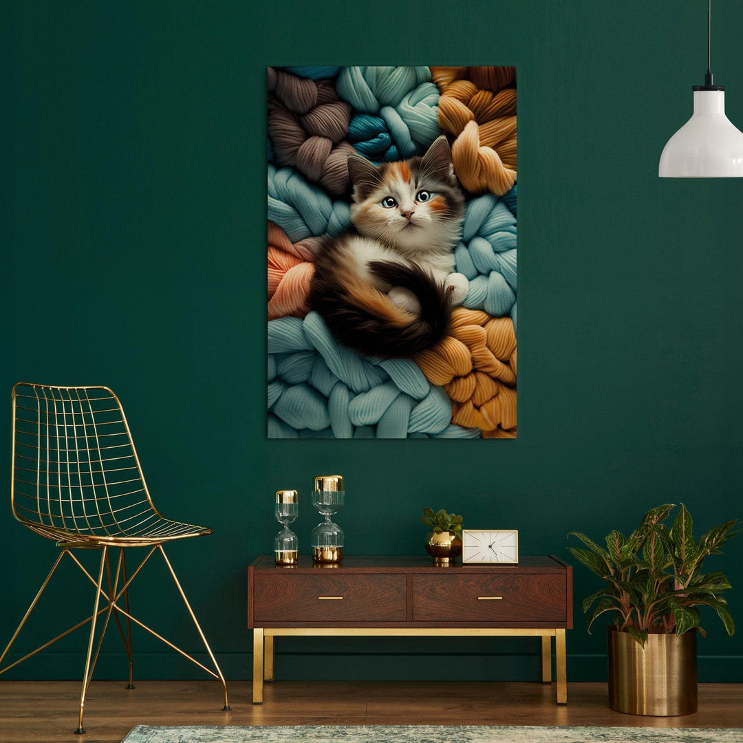 Glezna ar kaķi - Kaķēns atpūšas uz daudzkrāsainas dzijas, 150094🎨🐾 G-ART