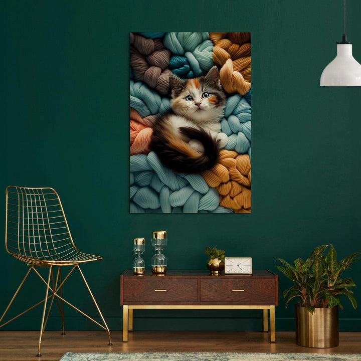 Glezna ar kaķi - Kaķēns atpūšas uz daudzkrāsainas dzijas, 150094🎨🐾 G-ART