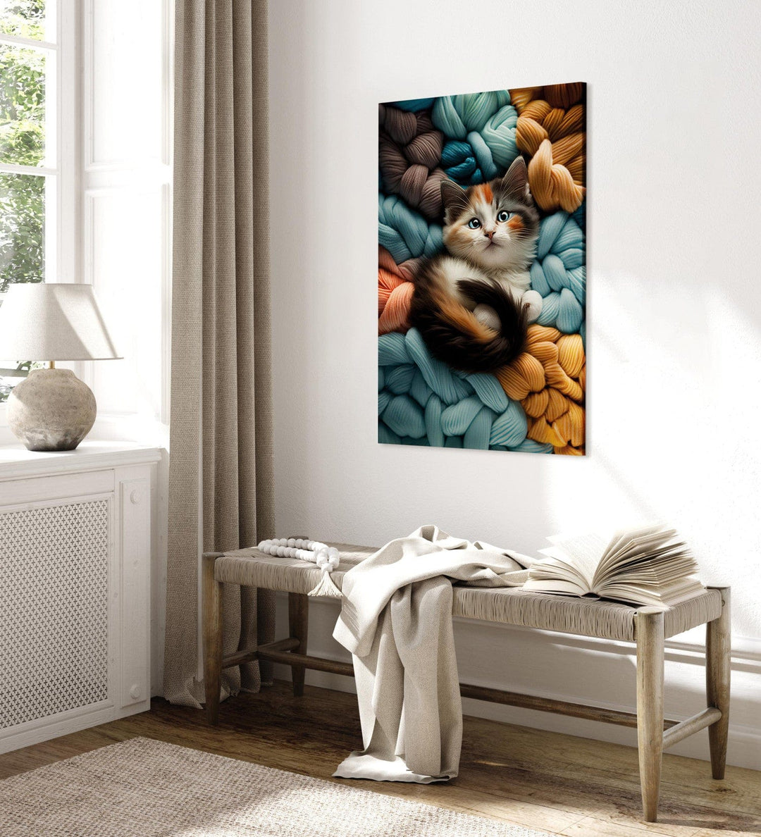 Glezna ar kaķi - Kaķēns atpūšas uz daudzkrāsainas dzijas, 150094🎨🐾 G-ART