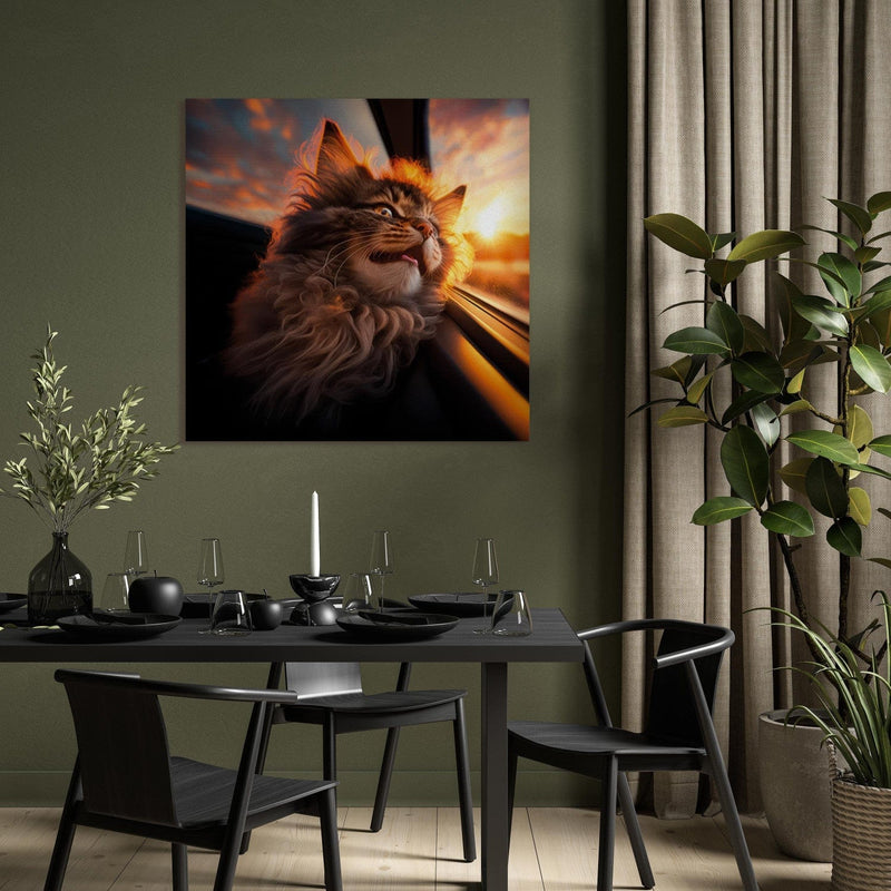 Glezna - Kaķis ceļojumā un rietošā saule, 150149 Tapetenshop.lv