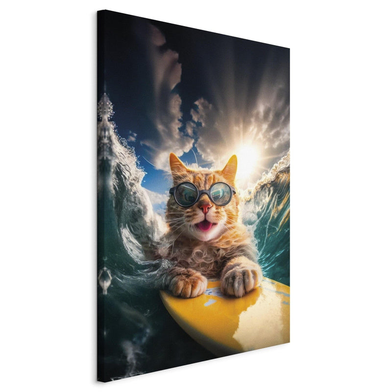 Glezna - Kaķis sērfo uz dēļa vētrainā jūrā, 150242 Tapetenshop.lv