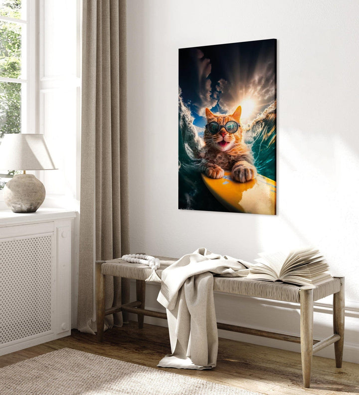 Glezna no AI - Kaķis sērfo uz dēļa vētrainā jūrā, 150242 G-ART