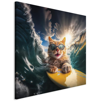 Glezna - Kaķis sērfo uz dēļa vētrainā jūrā, 150251 Tapetenshop.lv