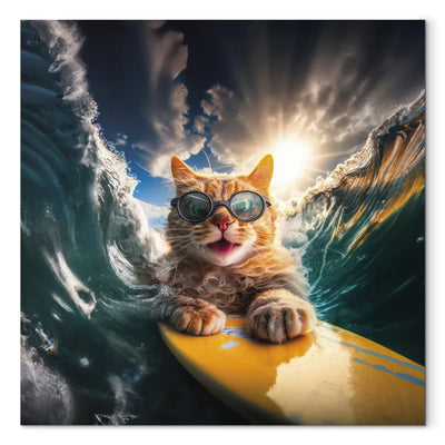 Glezna - Kaķis sērfo uz dēļa vētrainā jūrā, 150251 Tapetenshop.lv