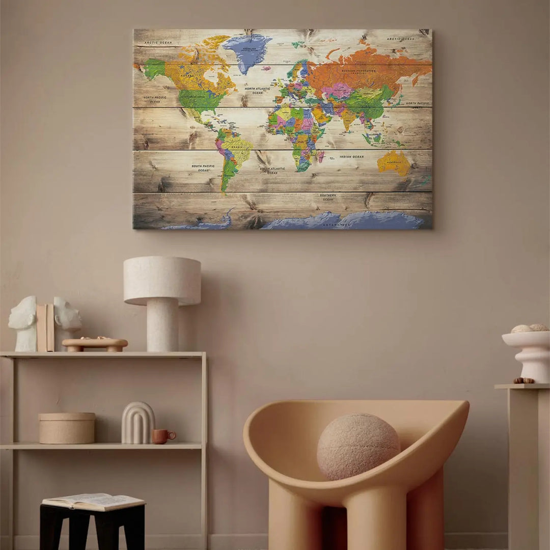 Glezna -  Krāsainas pasaules karte uz koka tekstūras | uz audekla ART XL