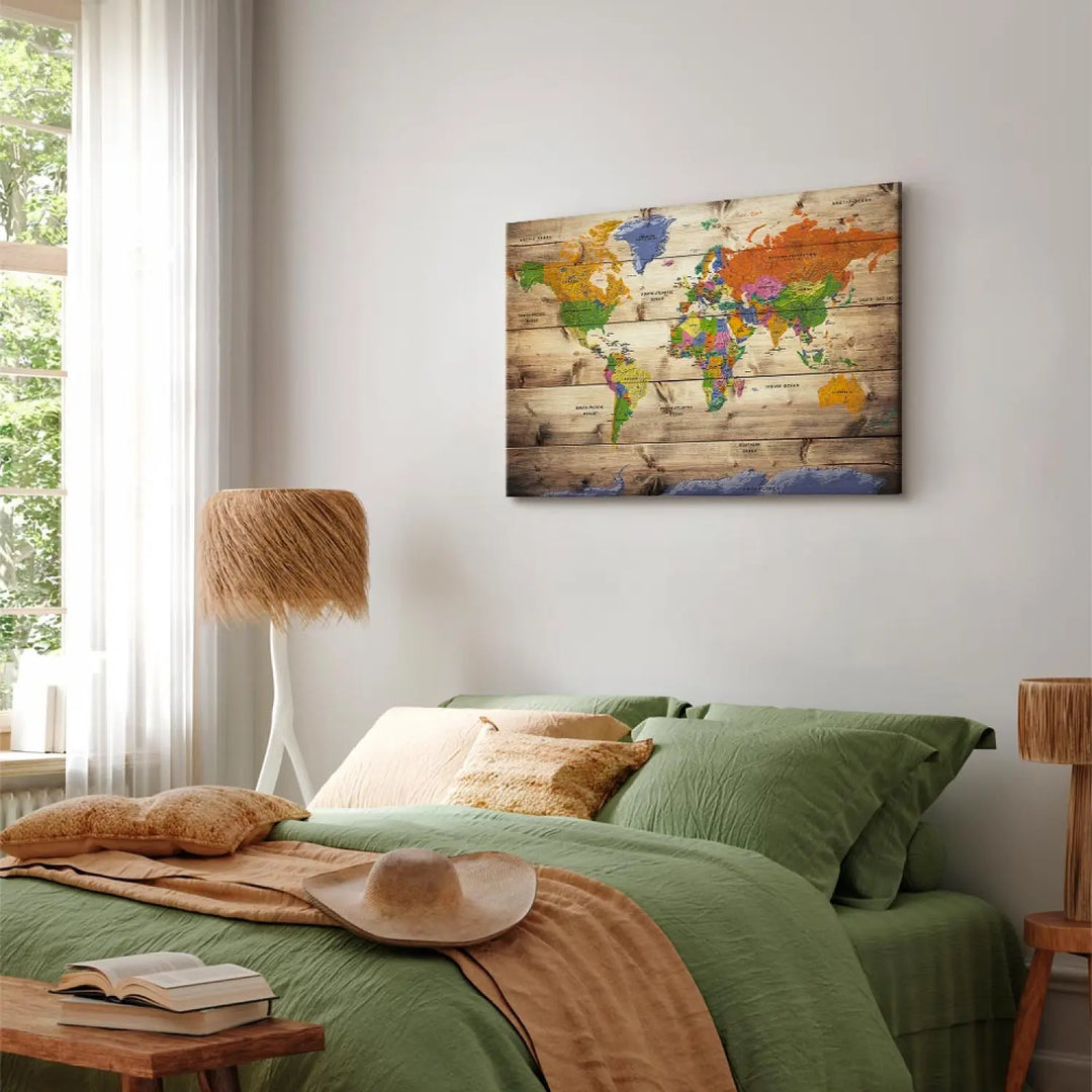 Glezna -  Krāsainas pasaules karte uz koka tekstūras | uz audekla ART XL