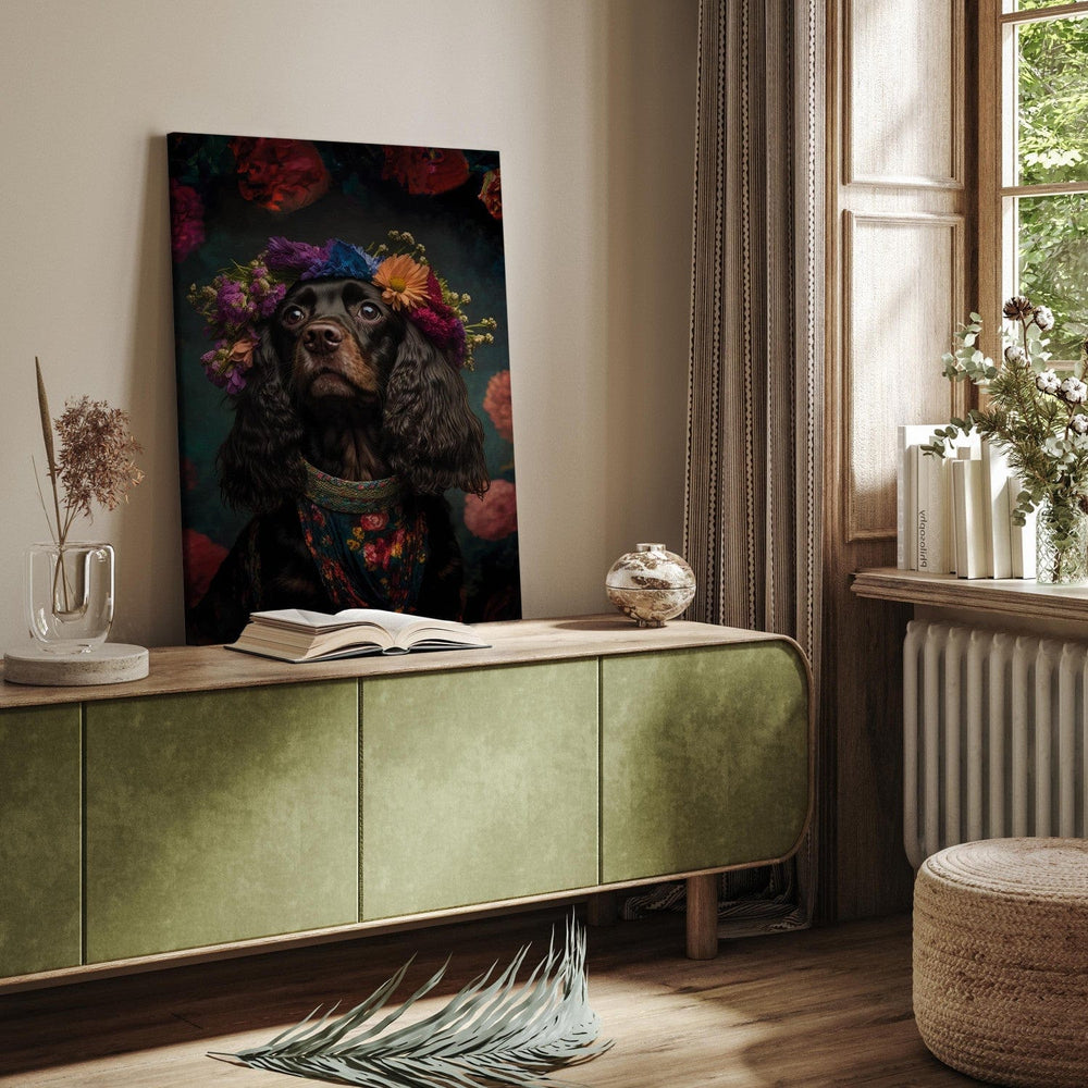 Glezna ar suni - Kokerspanieļa portrets Frida Kahlo stilā, 150266 G-ART