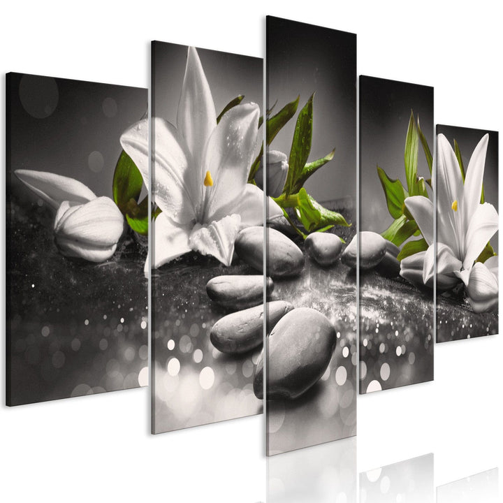 Glezna - Lilijas un akmeņi (x 5), balts uz melna, 108261 G-ART