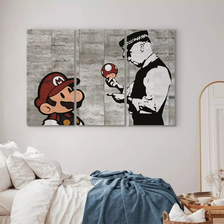 Kanva - Mario no Banksy - Mario Bros, (x 3), pelēkā krāsā G-ART