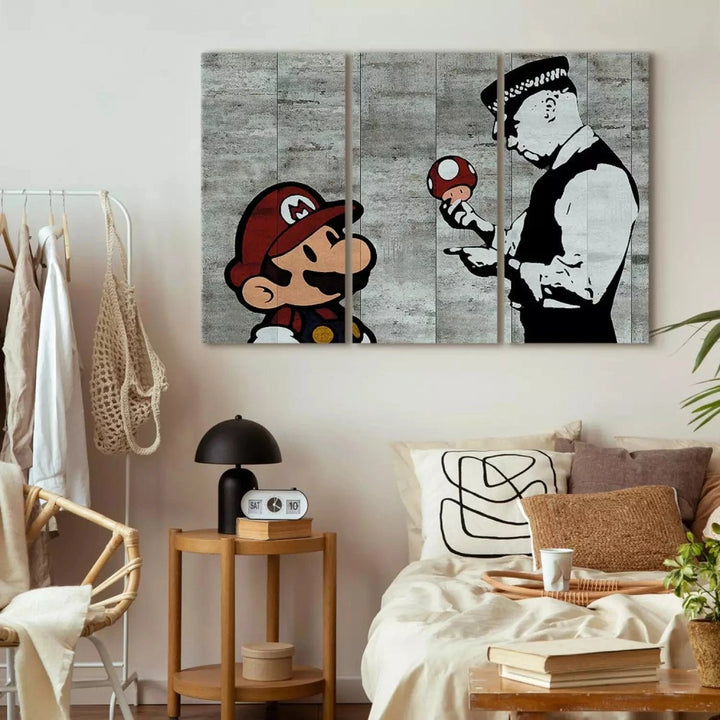 Kanva - Mario no Banksy - Mario Bros, (x 3), pelēkā krāsā G-ART