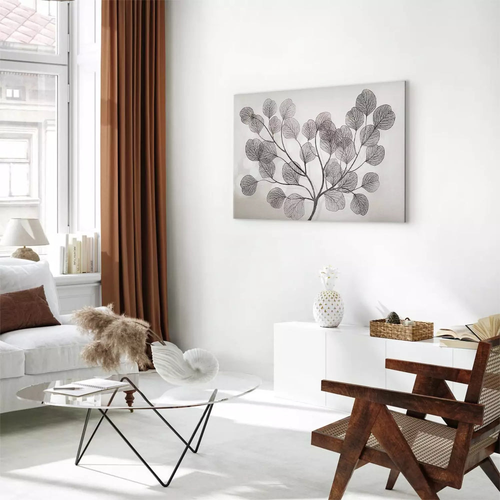 Melnbalta glezna ar eikalipta lapām - gaiša kanva, mājokļa dekors ART XL