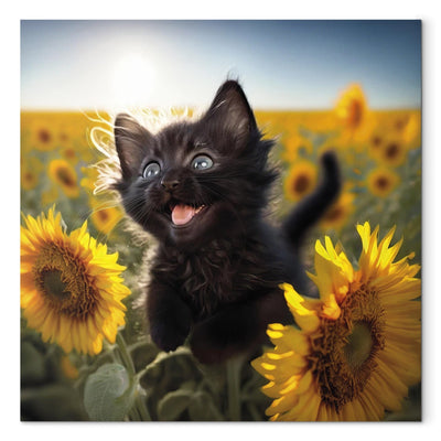 Kanva - Melns kaķis dejo saulespuķu laukā saules staros, 150106 G-ART