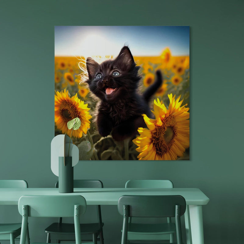Glezna - Melns kaķis dejo saulespuķu laukā saules staros, 150106 Tapetenshop.lv