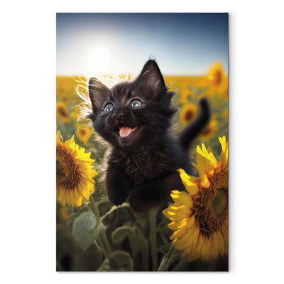 Kanva - Melns kaķis dejo saulespuķu laukā saules staros, 150122 G-ART