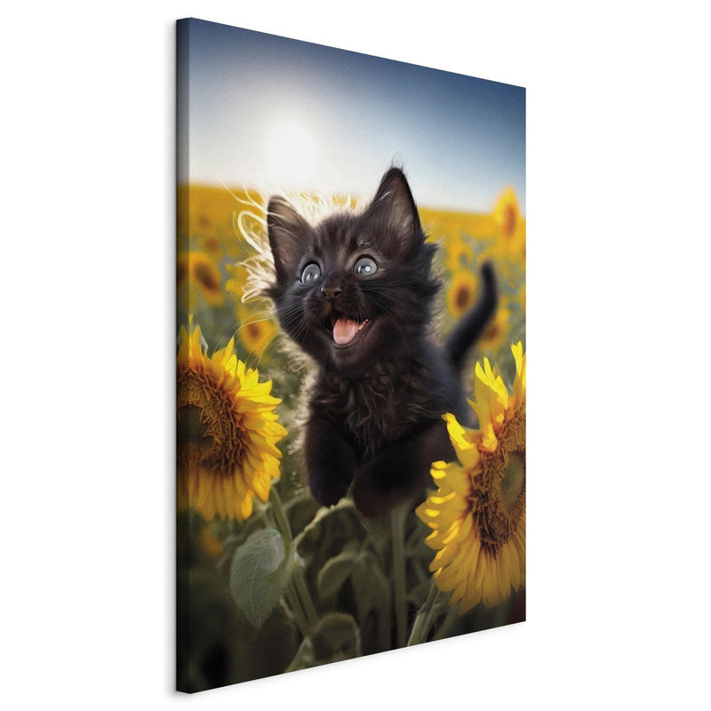Kanva - Melns kaķis dejo saulespuķu laukā saules staros, 150122 G-ART
