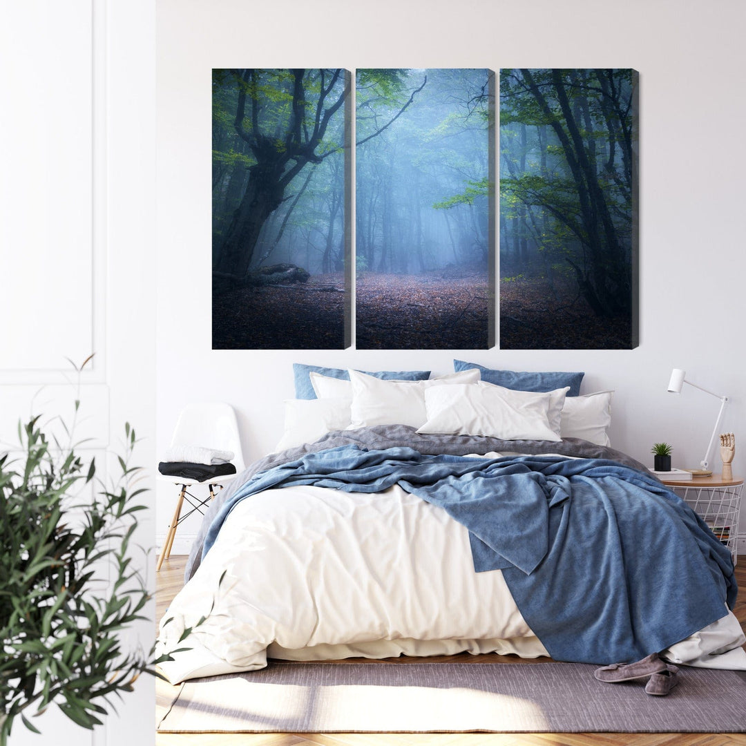 3 daļu kanva: Meža ainava miglā, zila X-ART