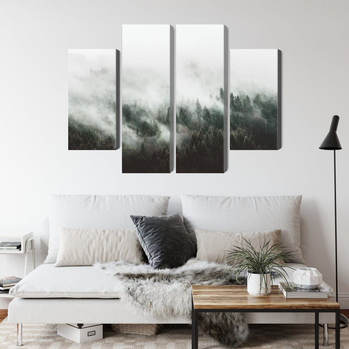 4 daļu kanva: Miglaina meža ainava, zaļa X-ART