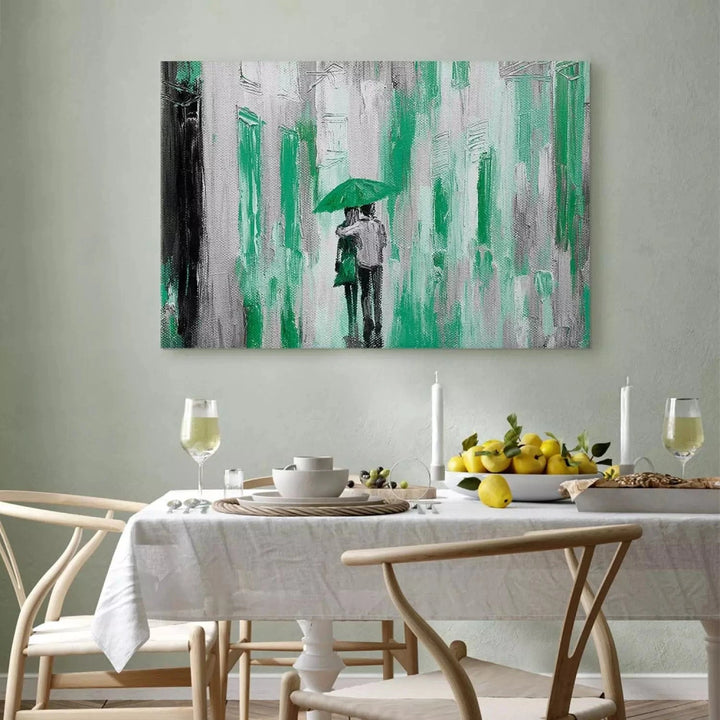 Kanva - romantiska tematika - pāris pastaigājas lietū - zaļā krāsā G-ART