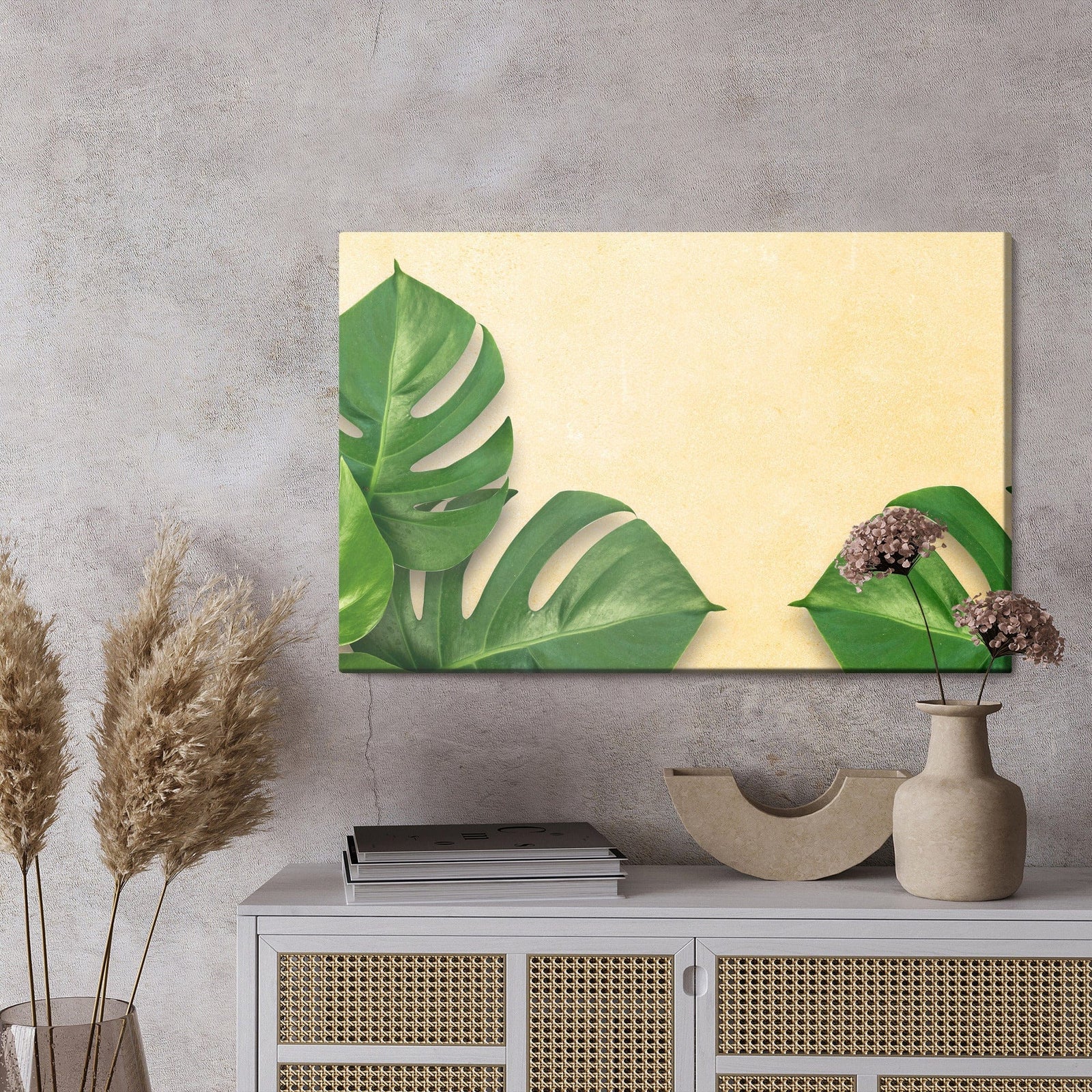 Kanva - Monstera lapas uz smilškrāsas fona, N-1645 X-ART