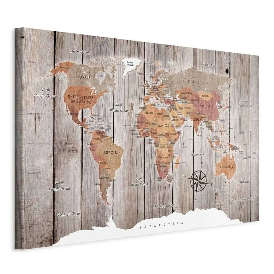 Glezna - Brūna pasaules karte koka uz silti pelēka koka faktūras ART XL