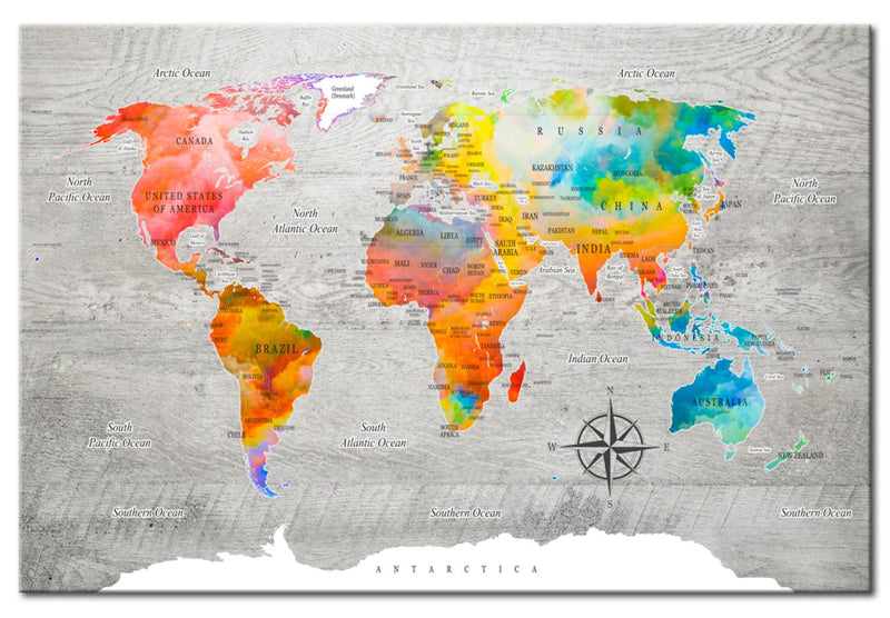 Glezna - Pasaules karte: krāsaini kontinenti uz pelēka fona (x1), 91919 Tapetenshop.lv.