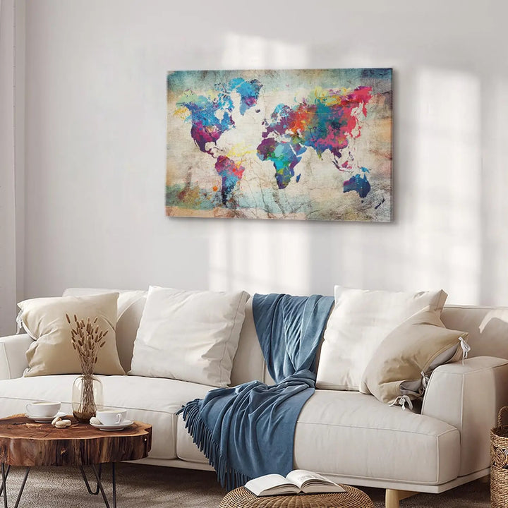 Glezna - Daudzkrāsaina pasaules karte uz abstrakta bešā/zila ART XL