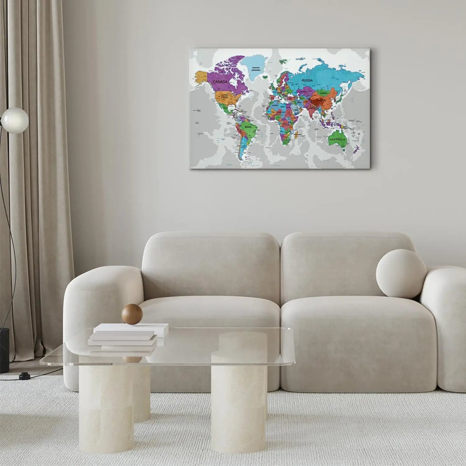 Kanva - Pasaules karte zila, violeta, bruna, zaļa uz pelēka fona ART XL