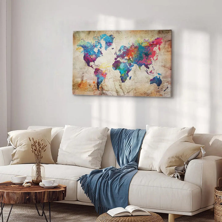 Glezna - Daudzkrāsaina pasaules karte uz beša betona tekstūras ART XL