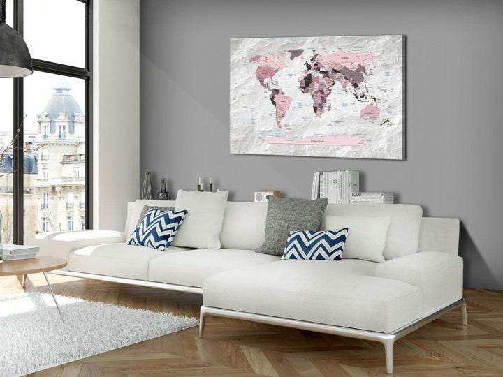 Glezna - Pasaules karte rozā un pelēkā krāsā: Rozā kontinenti, 91882 G-ART.