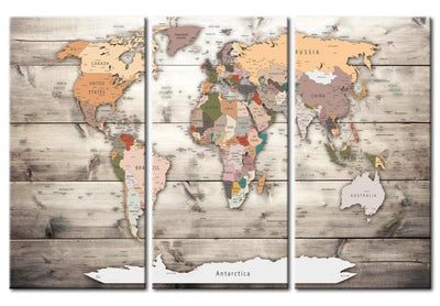 Glezna - Pasaules karte uz gaiša koka raksta - Ceļojumu vēsture (x3), 91091 Tapetenshop.lv.