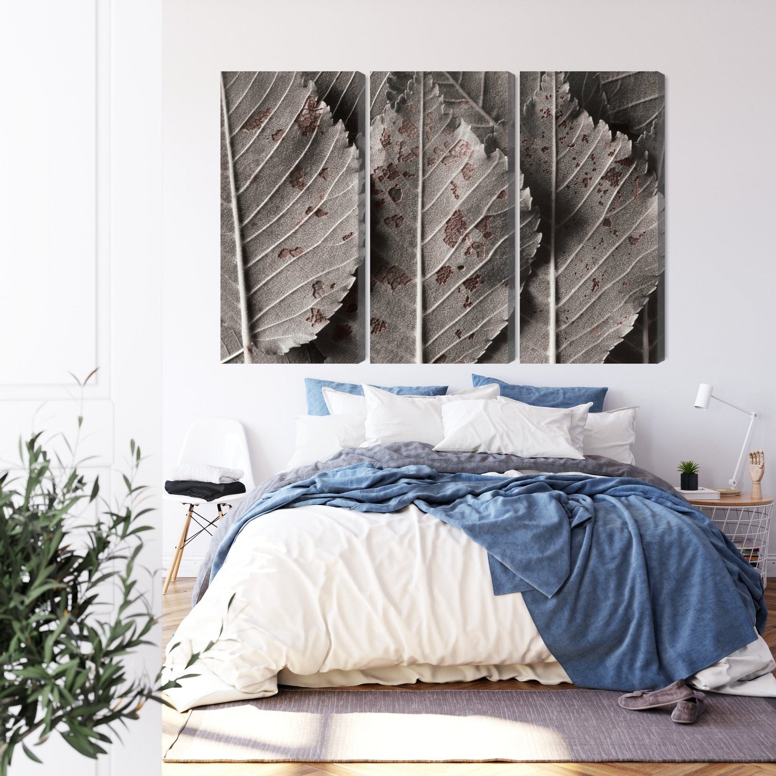 3 daļu kanva: Pelēkas lapas makro, horizontāla X-ART