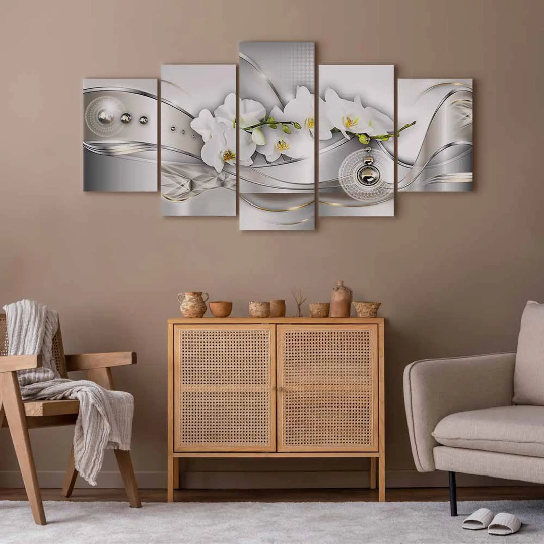 Kanva - Orhideju deja | baltas orhidejas uz pelēka fona, (x5), 50071 ART XL