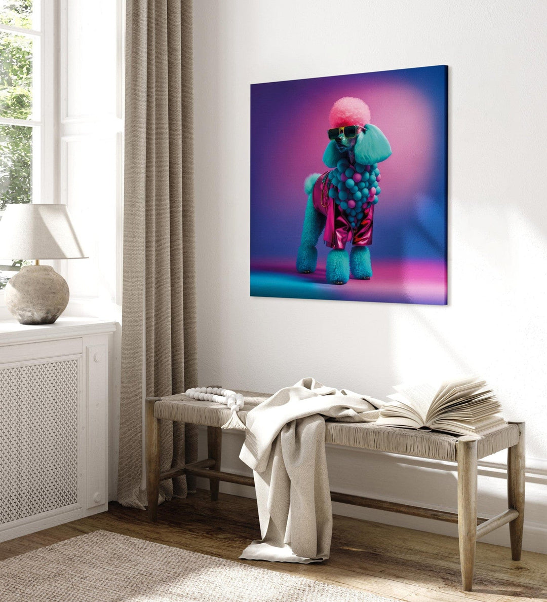 Glezna AI - Pūdelis - pūkains suns ar modernu krāsainu apģērbu, 150115 G-ART