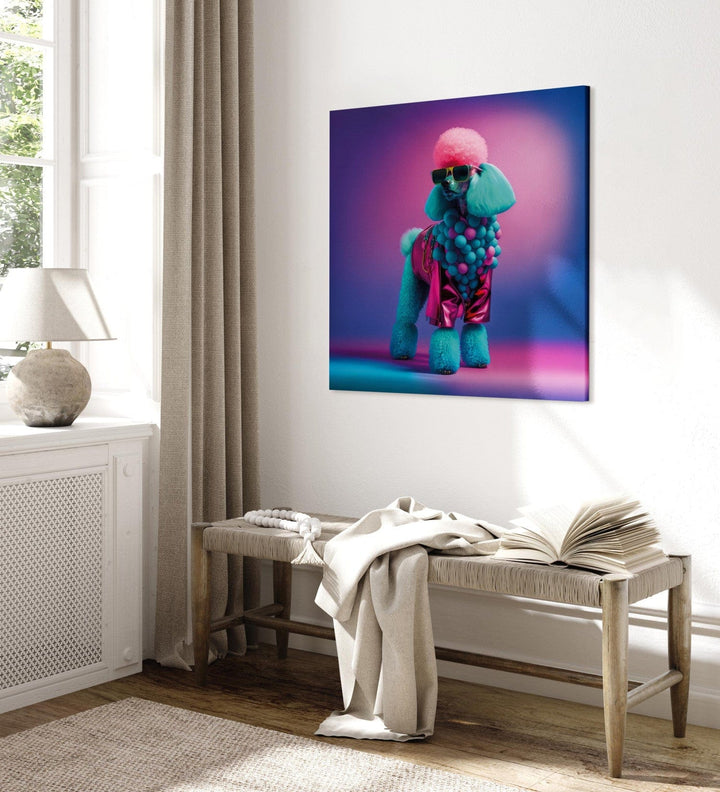 Glezna AI - Pūdelis - pūkains suns ar modernu krāsainu apģērbu, 150115 G-ART