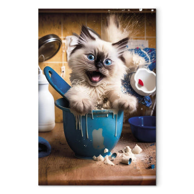 Glezna - Pūkains kaķis spēlē virtuvē, 150141 Tapetenshop.lv