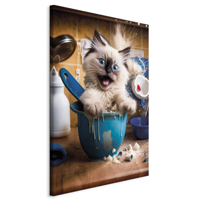 Glezna - Pūkains kaķis spēlē virtuvē, 150141 Tapetenshop.lv