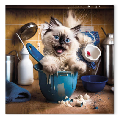 Glezna - Pūkains kaķis spēlē virtuvē, 150145 Tapetenshop.lv