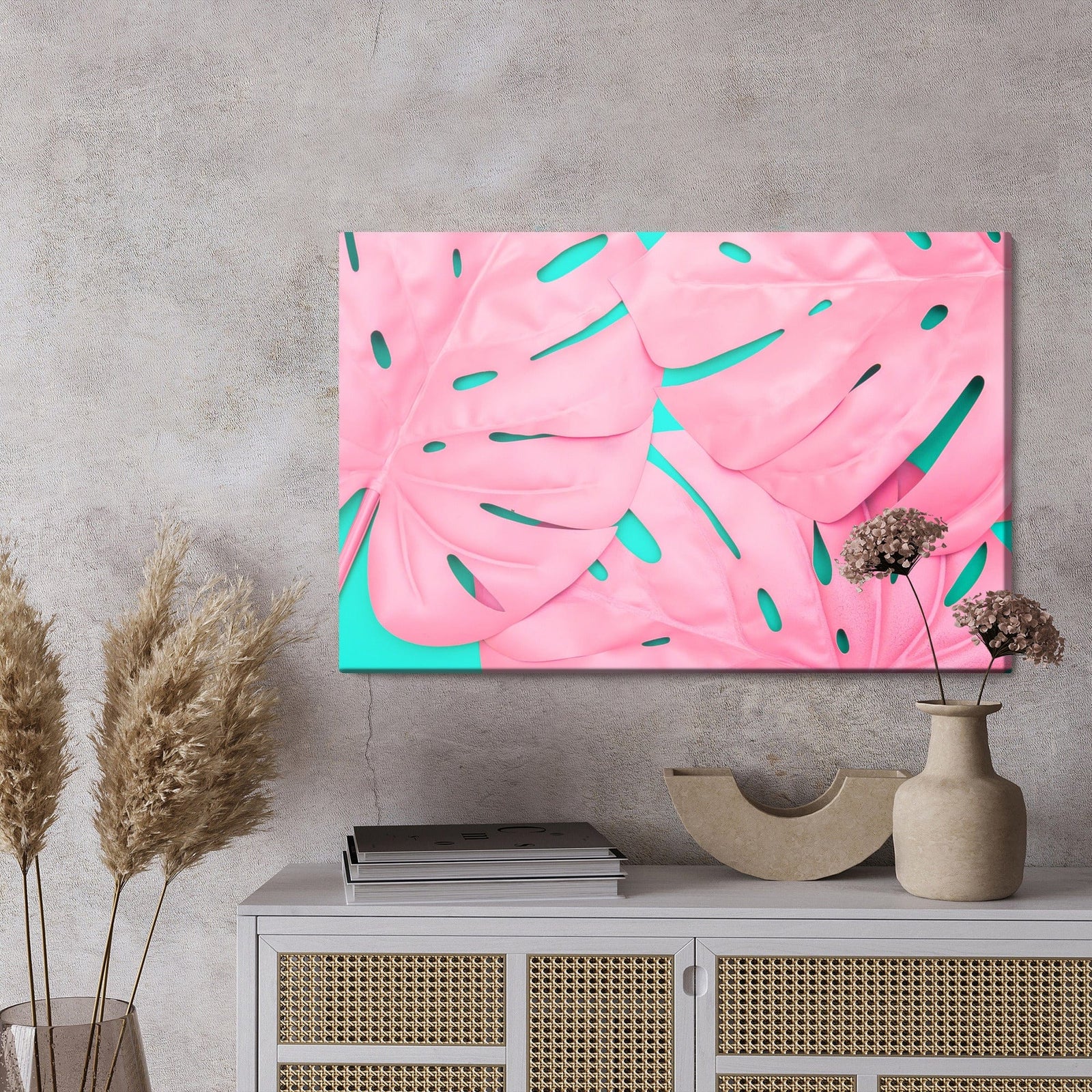 Kanva - Rozā dekoratīvās monstera lapas, N-1631 X-ART