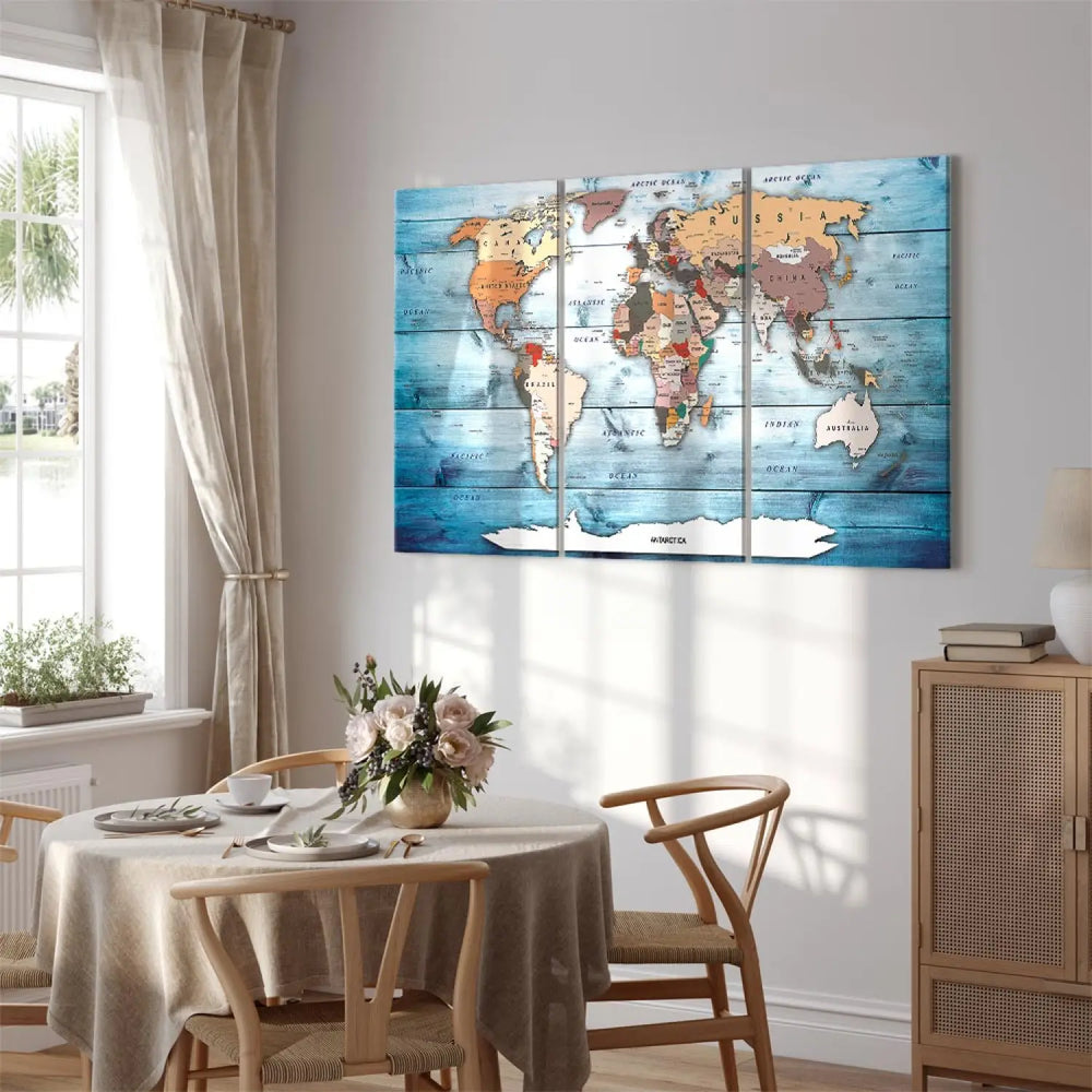 Kanva - Pasaules karte uz zila koka tekstūras - Safīra ceļojumi ART XL