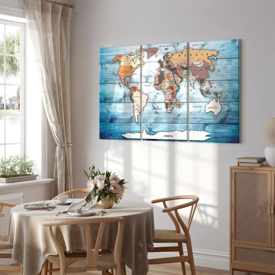 Kanva - Pasaules karte uz zila koka tekstūras - Safīra ceļojumi ART XL