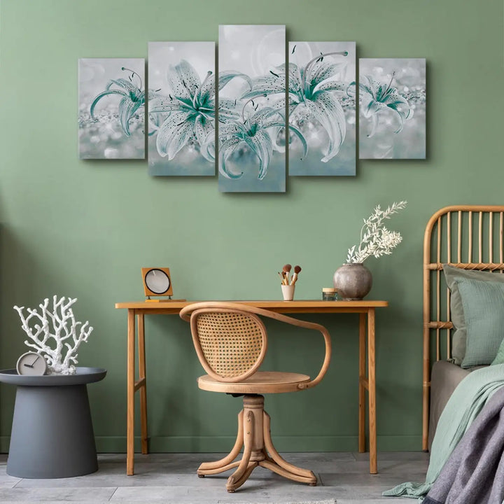 Kanva - Safīra lilijas, pelēka, tirkiza krāsā, (x5), 91224 ART XL