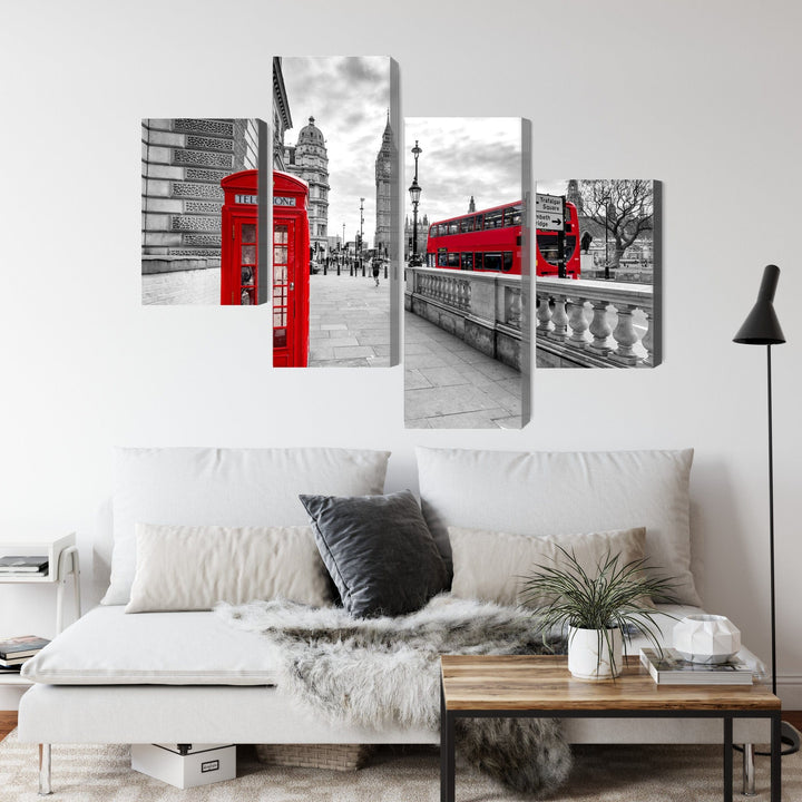 4 daļu kanva: Londona, melnbalta/sarkana X-ART