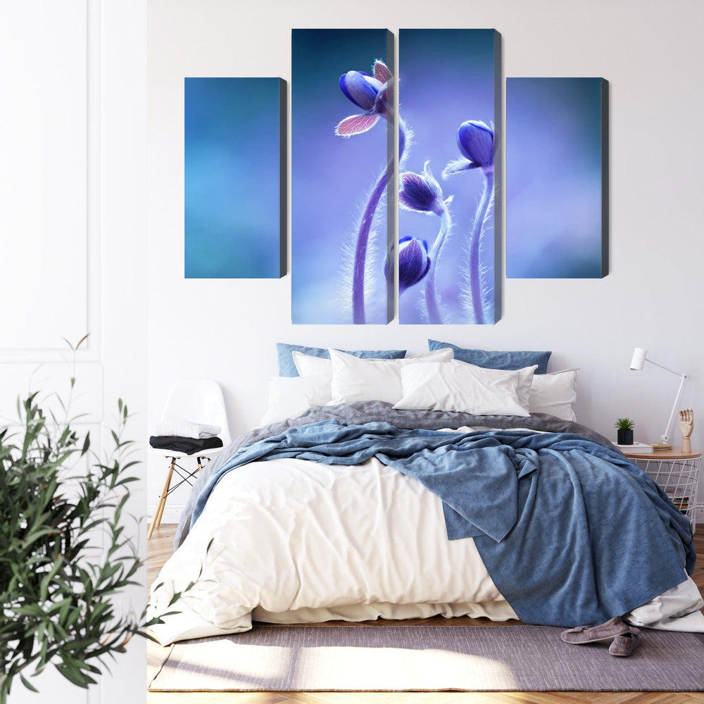 4 daļu kanva: Smalki ziedi makro, zila X-ART