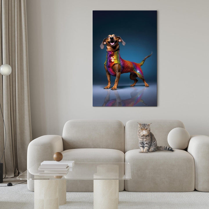 Glezna ar taksi - smaidošs suns krāsainā kostīmā, 150248 🎨🐶 G-ART