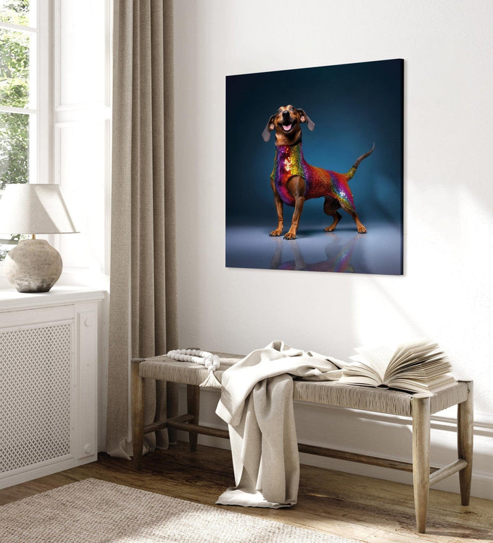 Glezna no AI - Taksis - smaidošs suns krāsainā kostīmā, 150271 🎨🐶 G-ART
